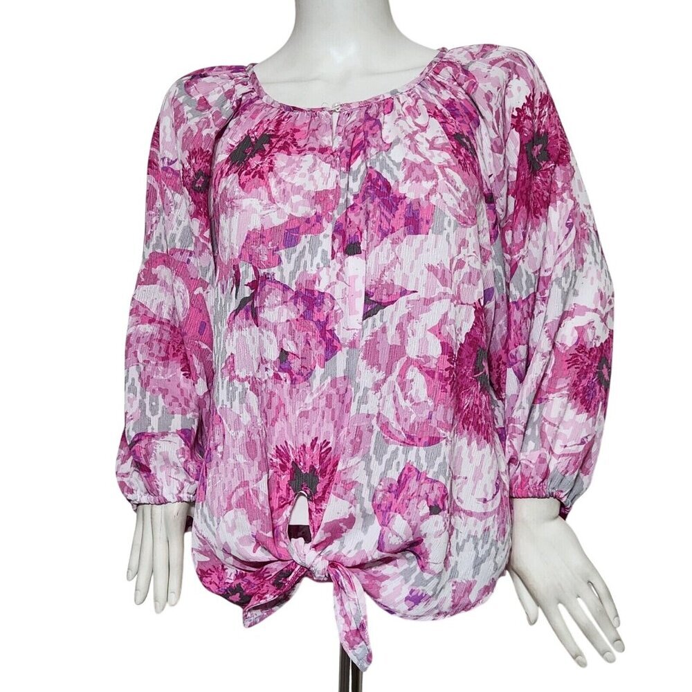 Allison Daley Women's Floral Print Top Blouse Pink Gray 3/4 Sleeve Size PXL (12)
